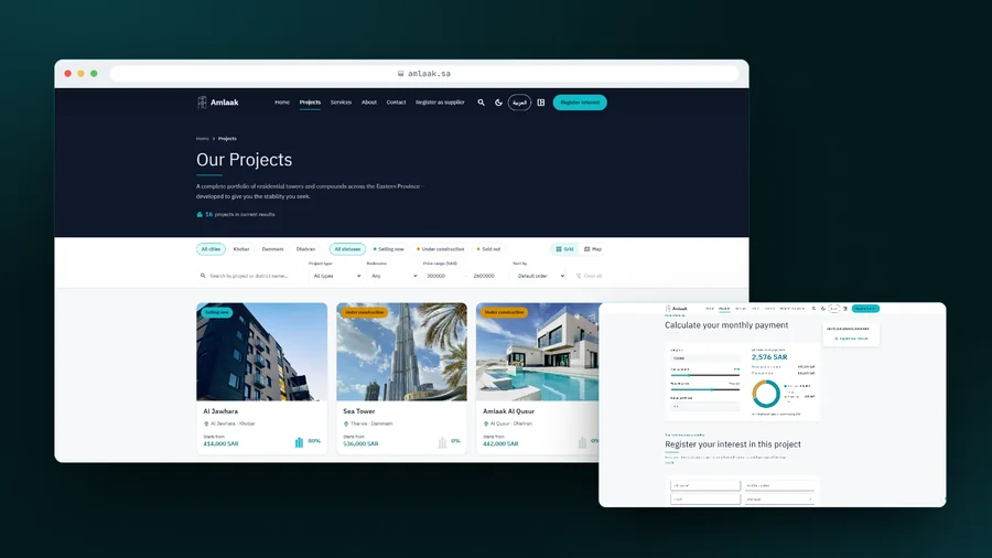 Amlaak: Off-plan property sales, from the public catalogue to the Odoo CRM.