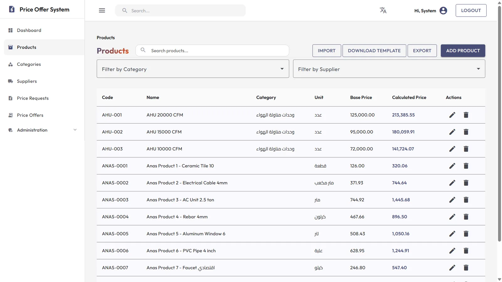 APS product catalogue with base and calculated prices