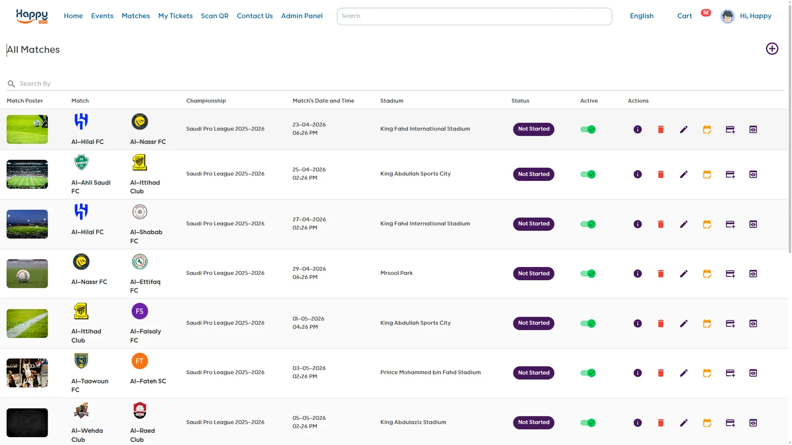 Happy Ticket admin list of matches with status controls