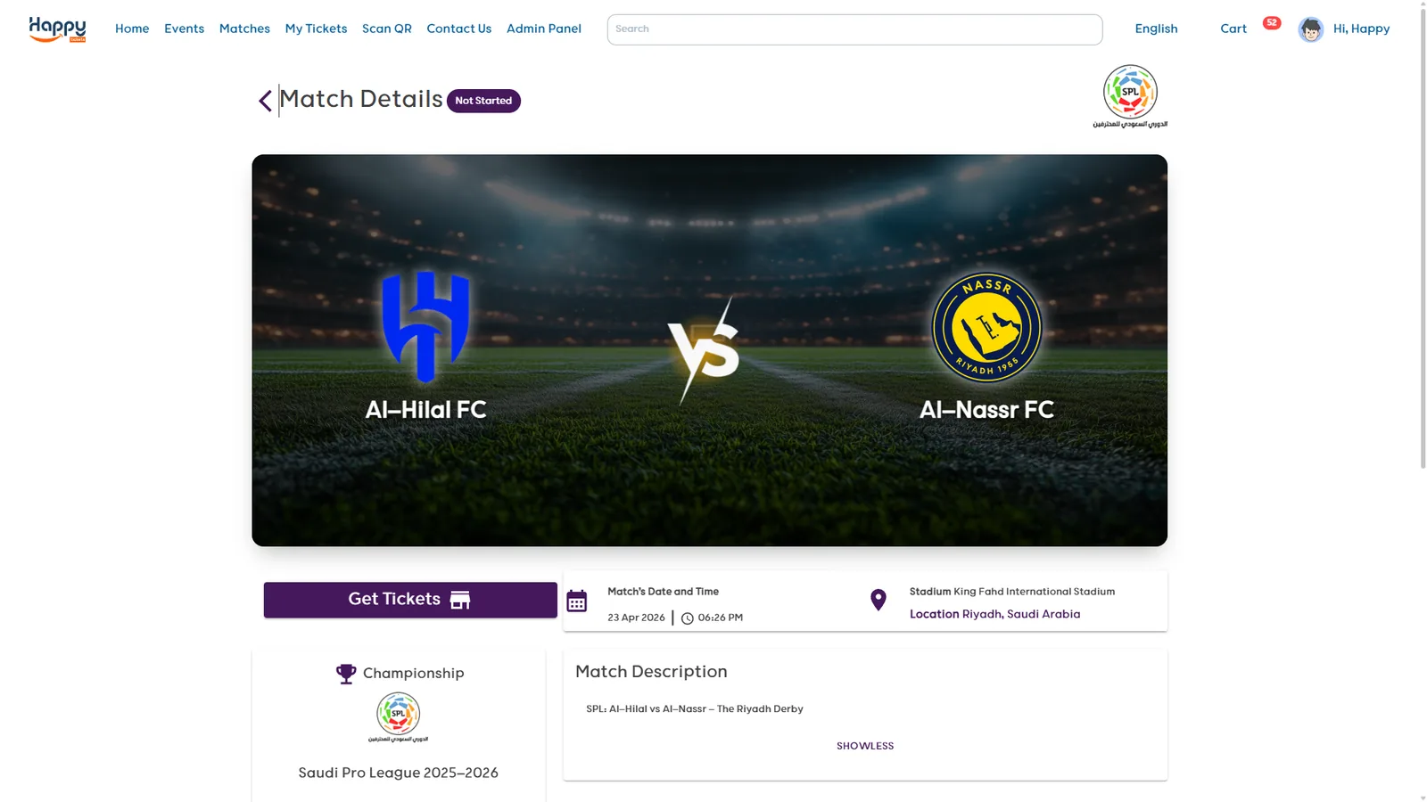 Happy Ticket match page for Al-Hilal vs Al-Nassr