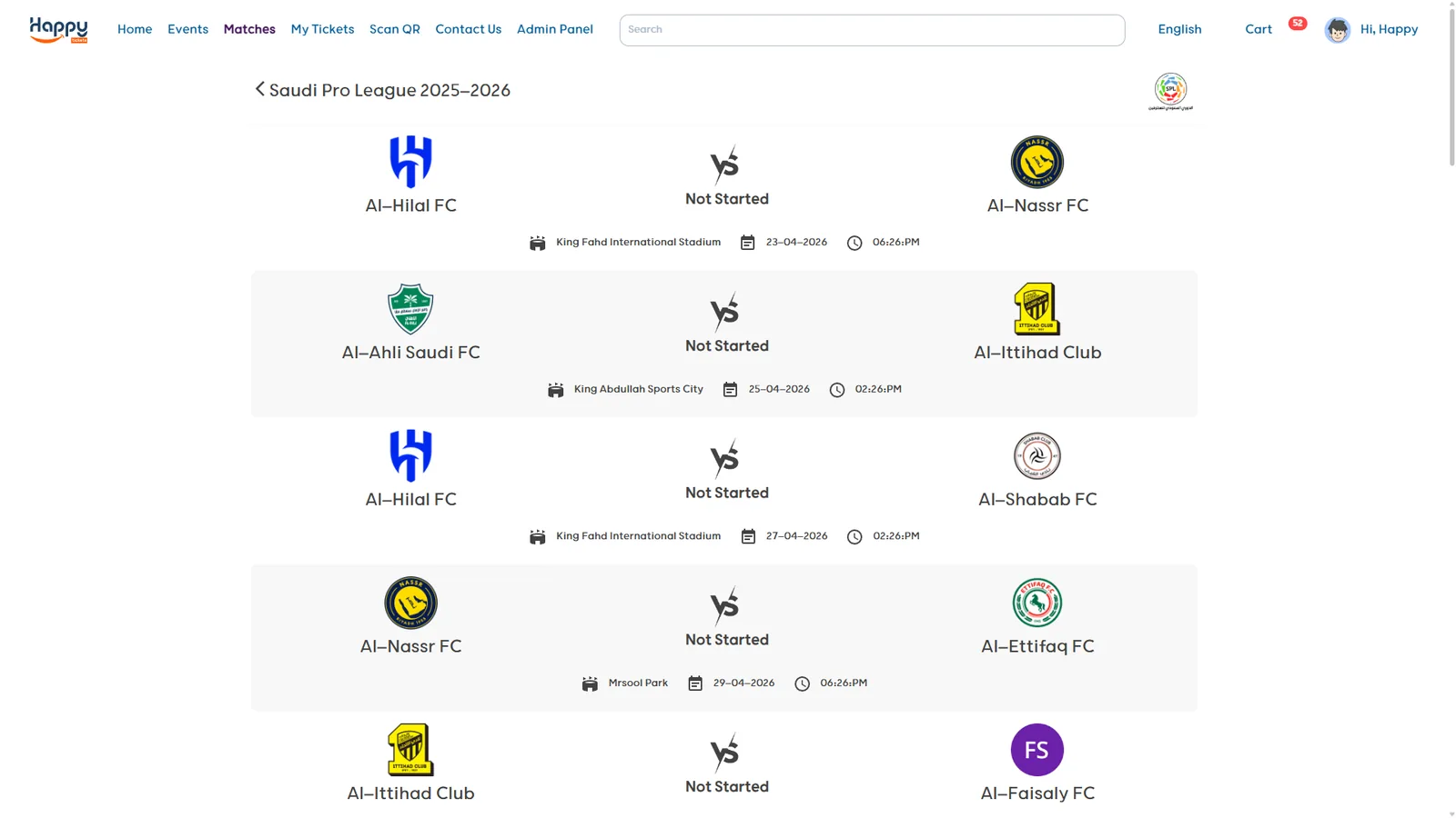 Happy Ticket Saudi Pro League match list