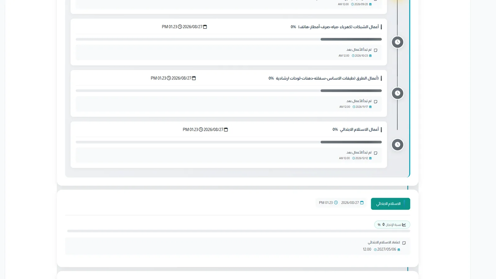 Mutawir milestone timeline with per-item work step percentages