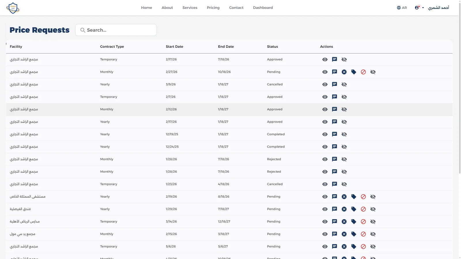 Shield price requests table with contract type and status