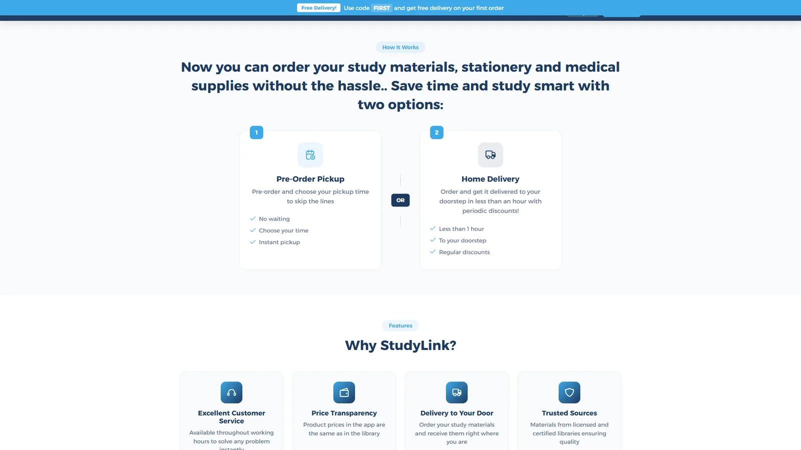 StudyLink landing page comparing pre-order pickup and home delivery