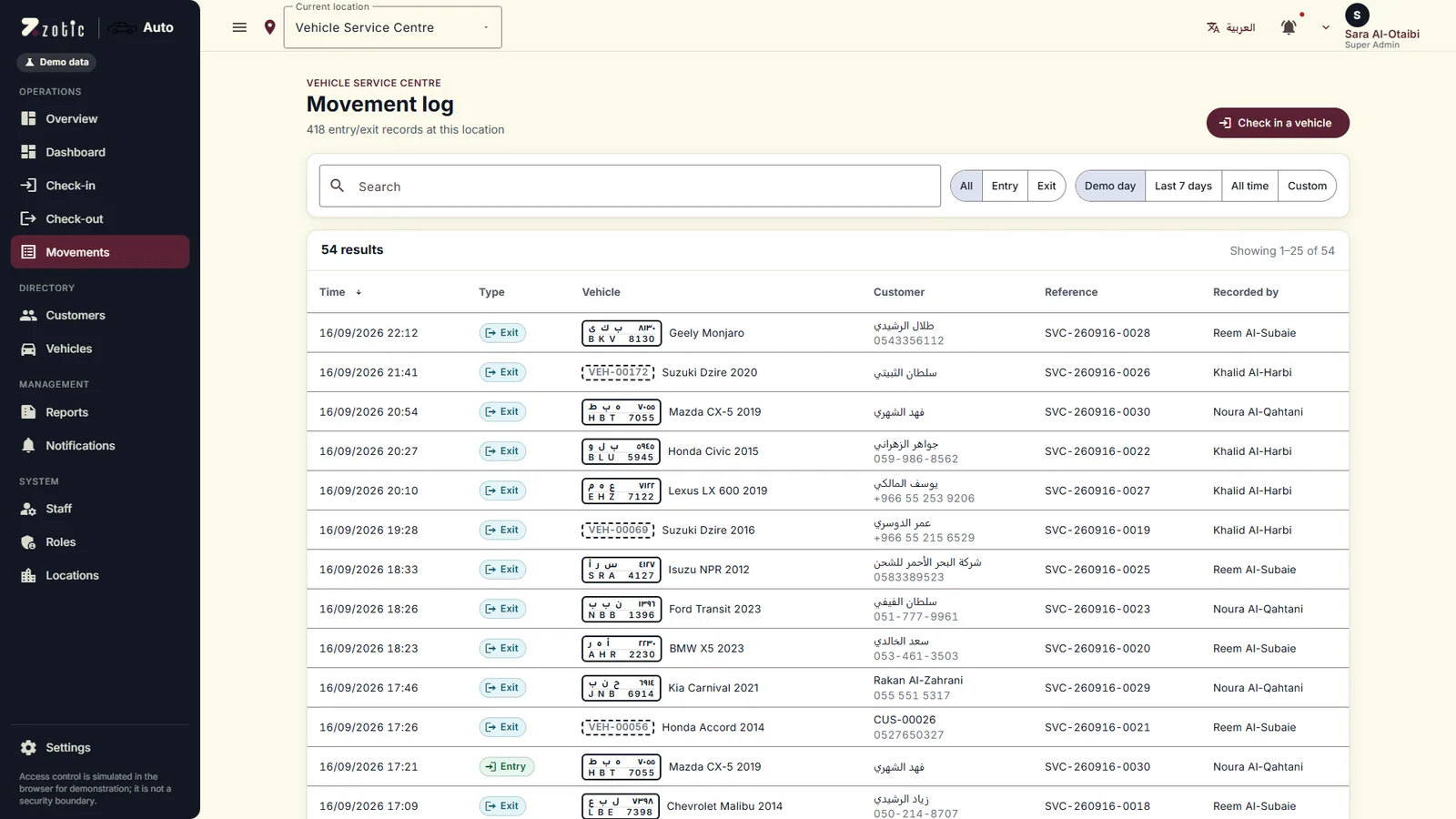 Zotic Auto movement log with search and filters