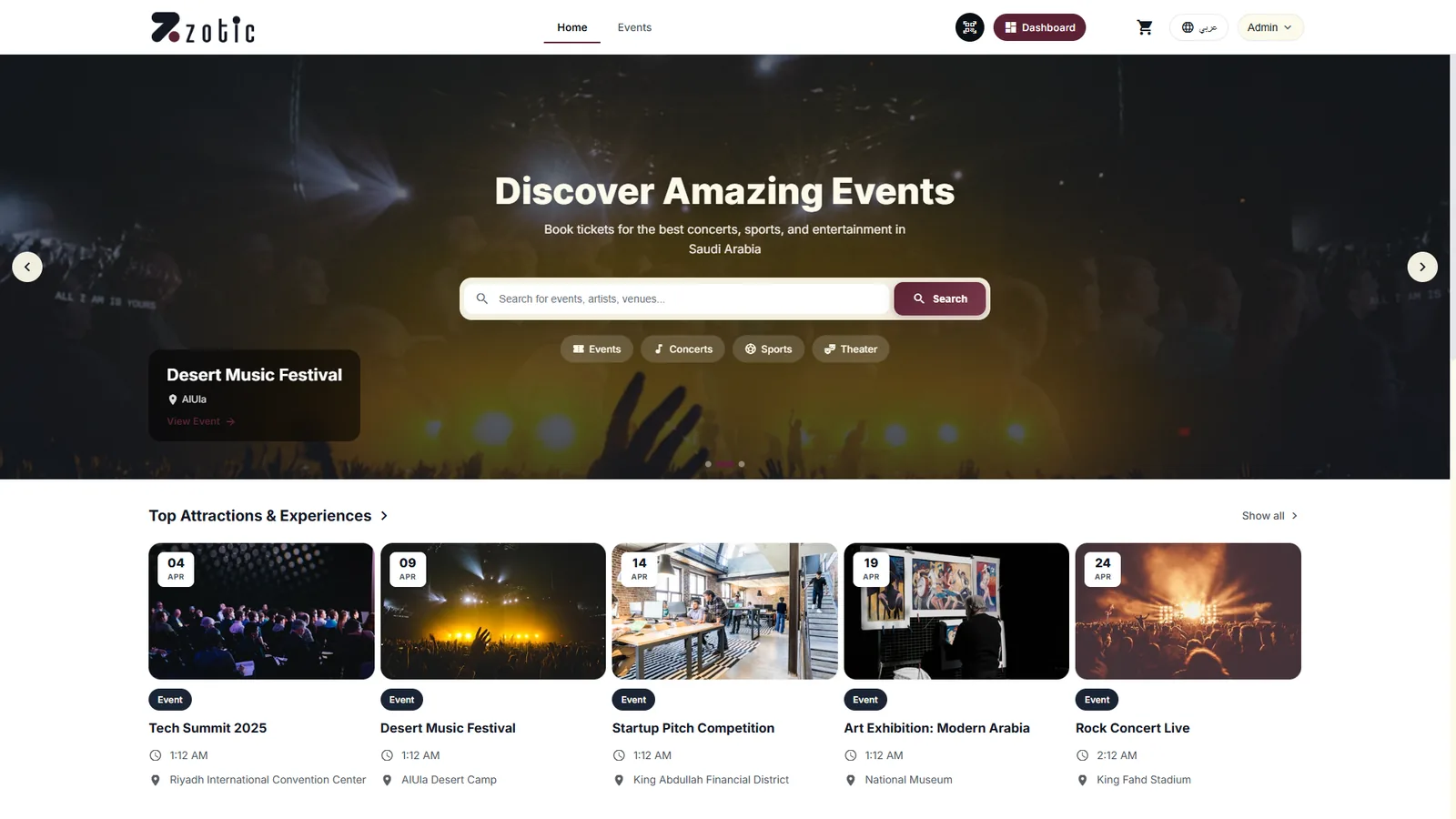 Zotic public event discovery page with featured events