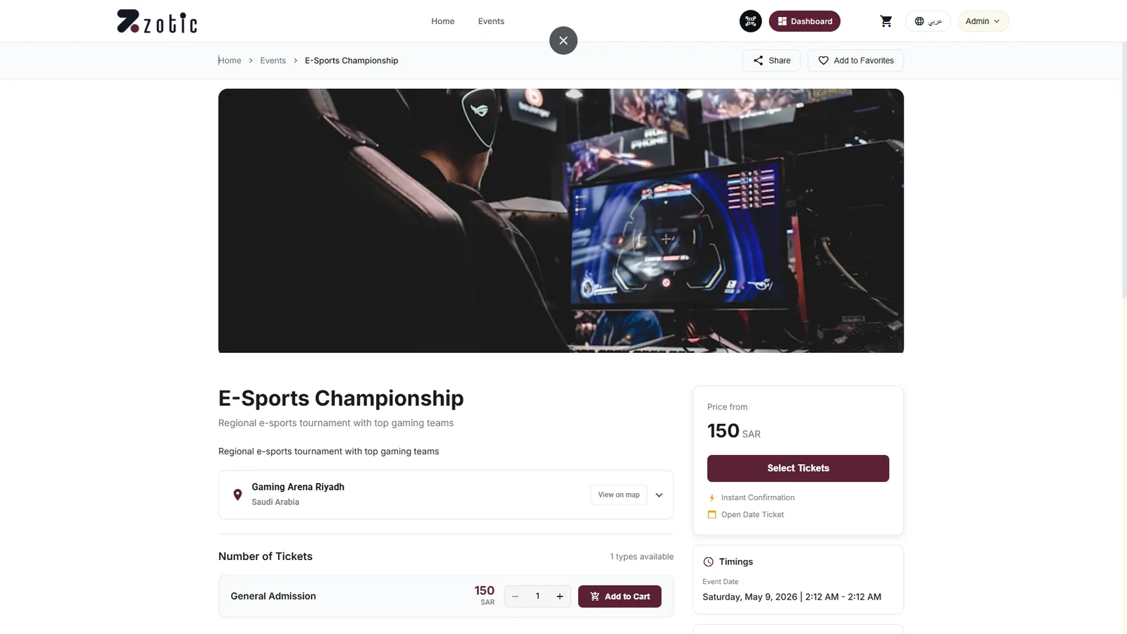 Zotic event page with ticket selection